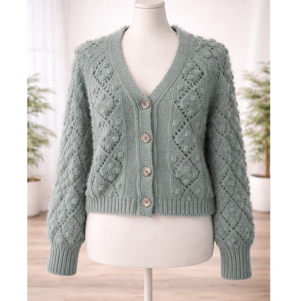 In Loom Sage Green Textured Knit Button Front Cardigan Fuzzy Size S/M NWT